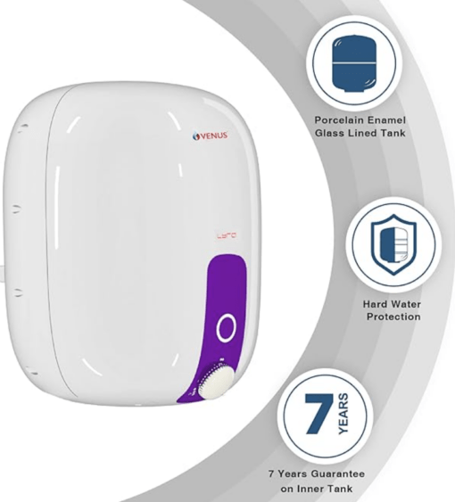 Venus Lyra 10R 10-Litre Storage Water Heater (White/Purple, BEE Star Rating - 5 Stars) | Porcelain Enamel Glass Lined Tank | Guarantee - 7 years on Inner Tank. - Image 2